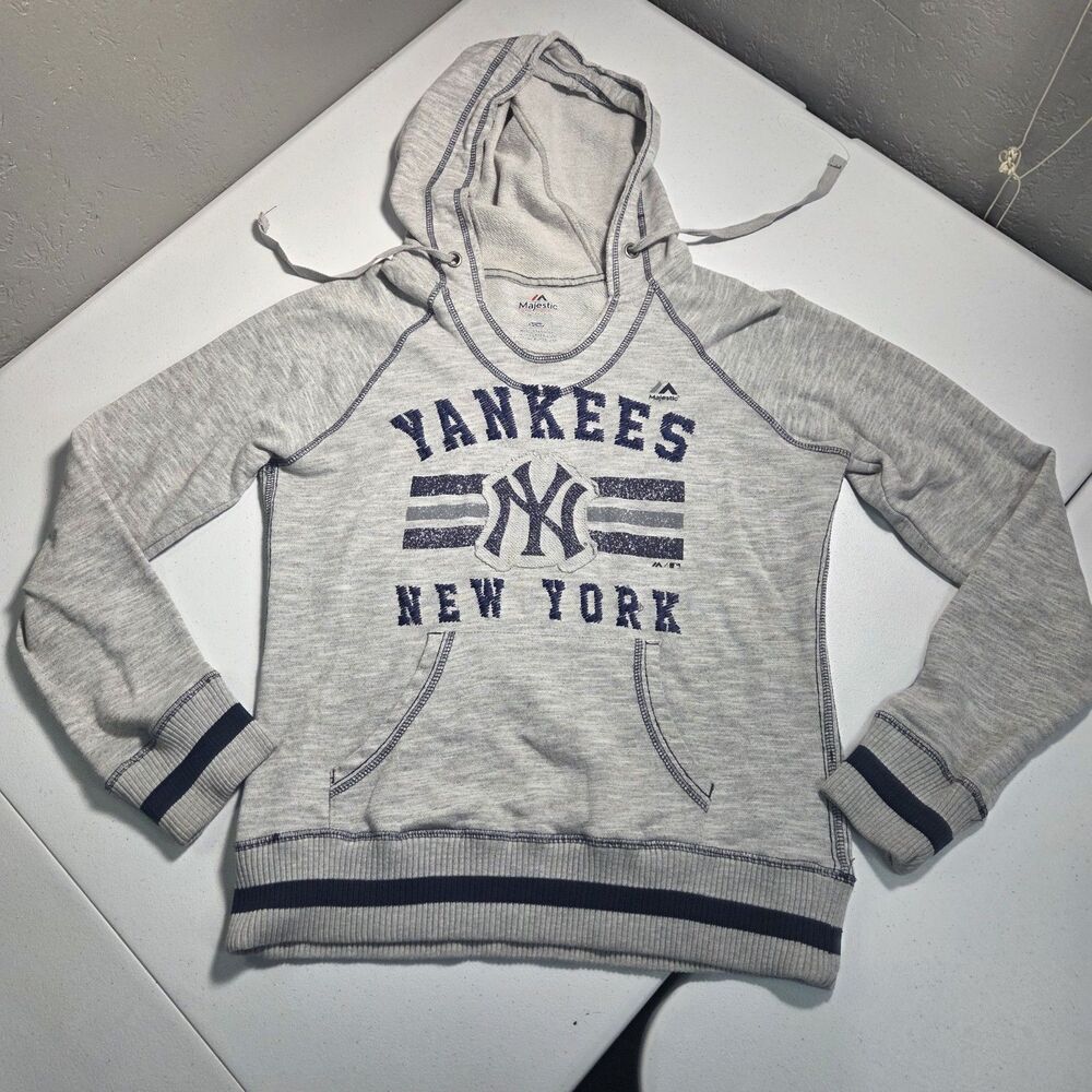 New York Yankees Hoodie Womens S Gray Majestic MLB NY Glitter Sweatshirt